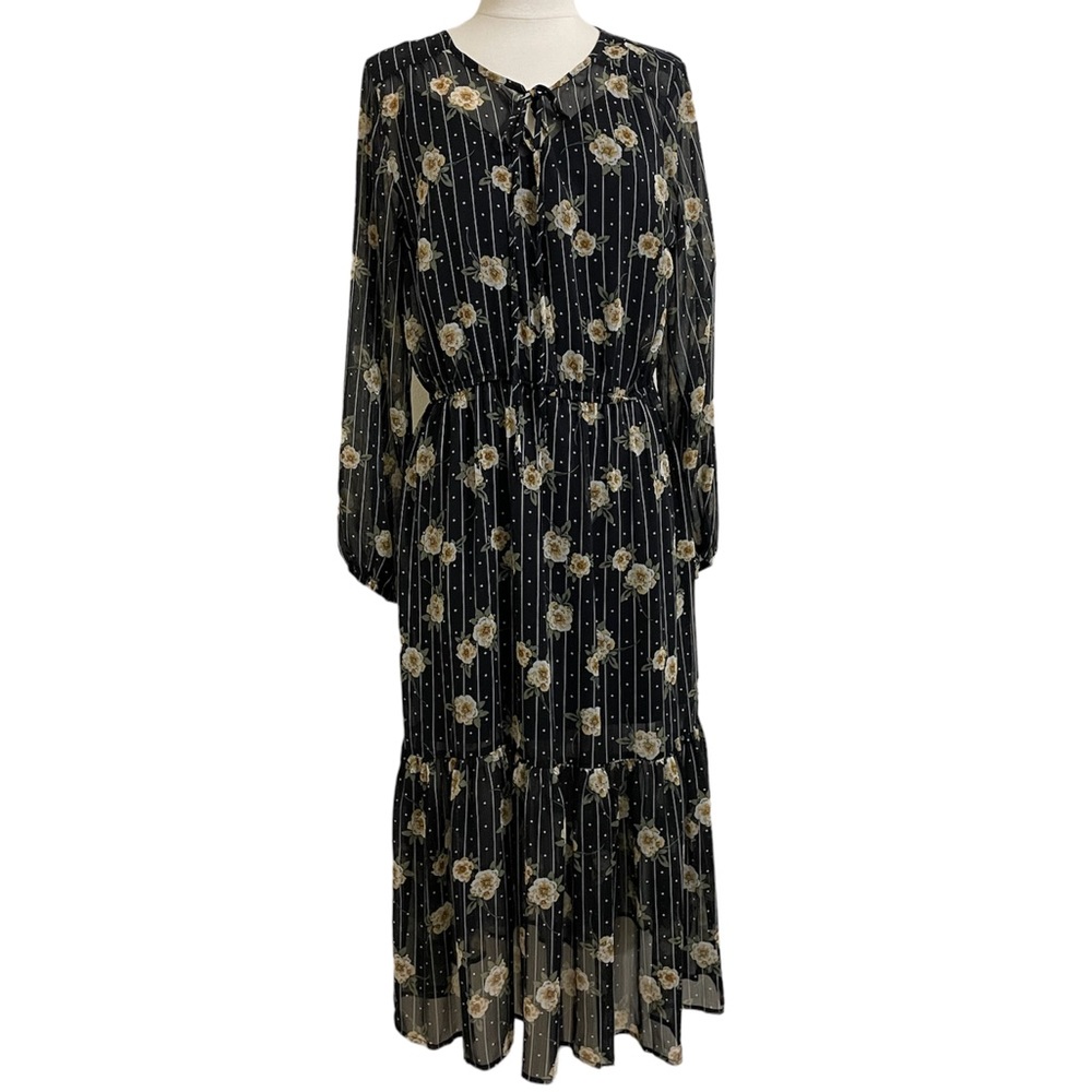 MAISON JULES Black Dark Floral Printed Semi-sheer Midi Dress